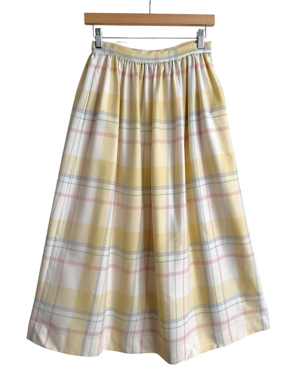 Vintage Pastel Yellow Plaid Wool Midi Skirt Cottagecore Academia Preppy Classic